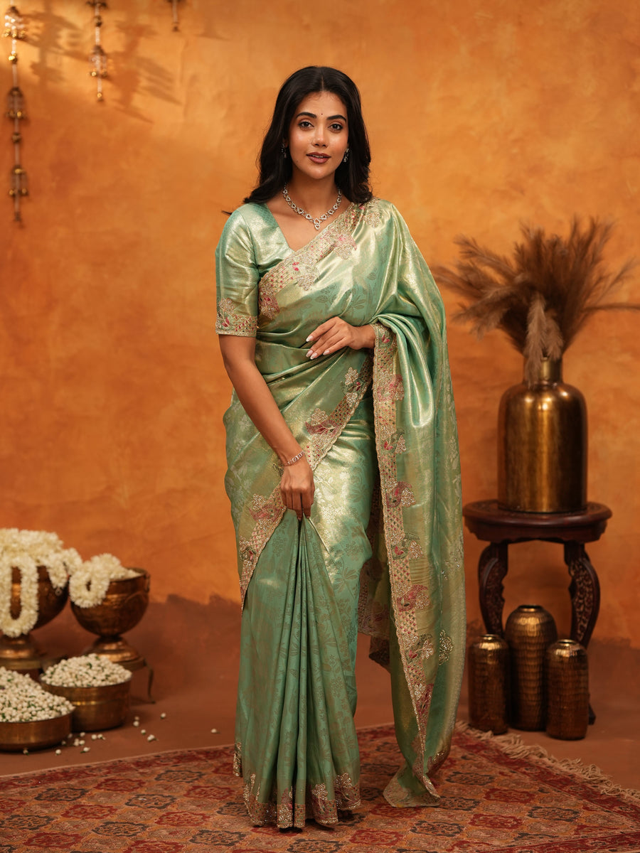 Mint Green Banarasi Silk Saree with Floral Embroidered Border & Zari Weaving | Designer Festive & Wedding Wear Saree