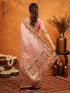 Blush Pink Banarasi Silk Embroidered Saree with Multicolor Floral Border & Zari Weaving | Heavy Embroidered Blouse with Tassels | Wedding & Festive Wear Saree