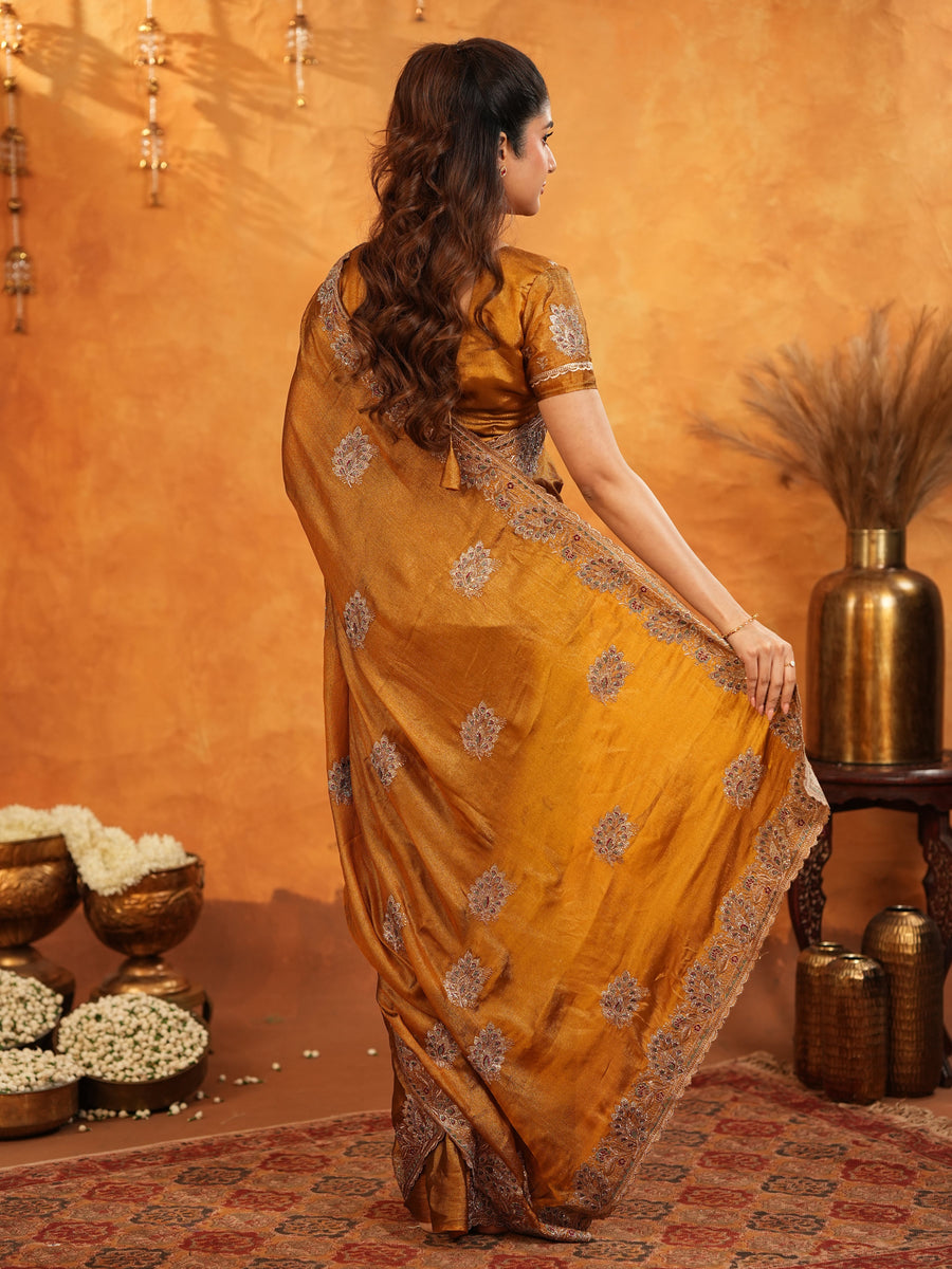 Antique Copper Brown Fendy Satin Embroidered Saree with Floral Border & Tassels | Designer Saree with Heavy Embroidered Blouse