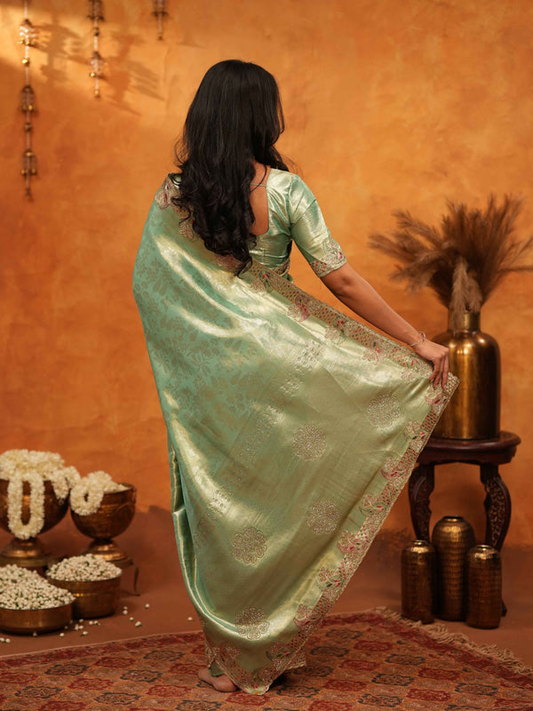 Mint Green Banarasi Silk Saree with Floral Embroidered Border & Zari Weaving | Designer Festive & Wedding Wear Saree