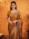 Antique Copper Brown Fendy Satin Embroidered Saree with Floral Border & Tassels | Designer Saree with Heavy Embroidered Blouse