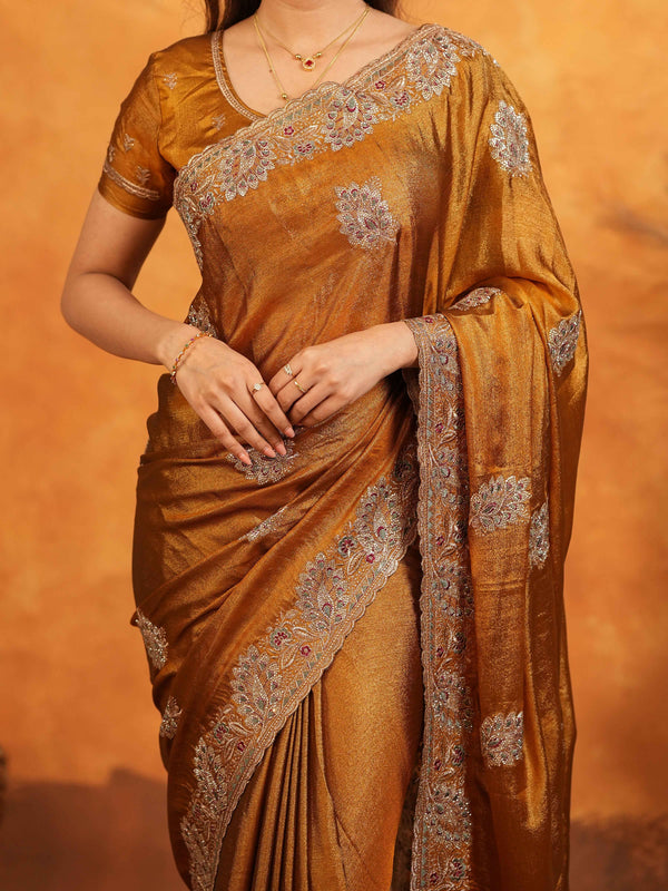 Antique Copper Brown Fendy Satin Embroidered Saree with Floral Border & Tassels | Designer Saree with Heavy Embroidered Blouse