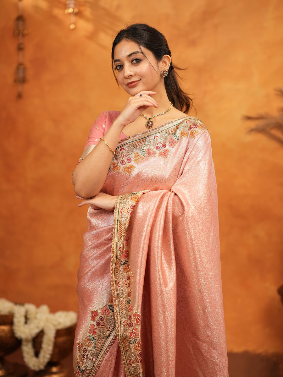 Blush Pink Banarasi Silk Embroidered Saree with Multicolor Floral Border & Zari Weaving | Heavy Embroidered Blouse with Tassels | Wedding & Festive Wear Saree