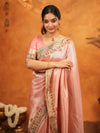 Blush Pink Banarasi Silk Embroidered Saree with Multicolor Floral Border & Zari Weaving | Heavy Embroidered Blouse with Tassels | Wedding & Festive Wear Saree