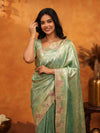Mint Green Banarasi Silk Saree with Floral Embroidered Border & Zari Weaving | Designer Festive & Wedding Wear Saree