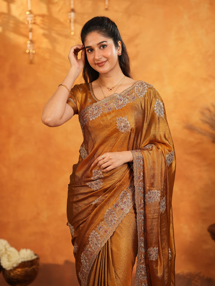 Antique Copper Brown Fendy Satin Embroidered Saree with Floral Border & Tassels | Designer Saree with Heavy Embroidered Blouse