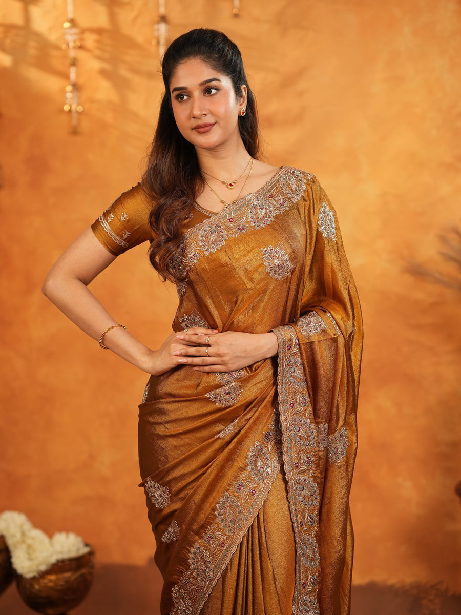 Antique Copper Brown Fendy Satin Embroidered Saree with Floral Border & Tassels | Designer Saree with Heavy Embroidered Blouse