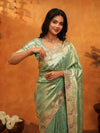 Mint Green Banarasi Silk Saree with Floral Embroidered Border & Zari Weaving | Designer Festive & Wedding Wear Saree