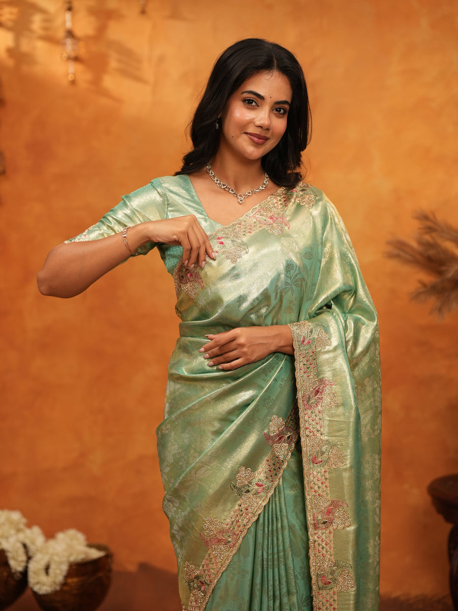 Mint Green Banarasi Silk Saree with Floral Embroidered Border & Zari Weaving | Designer Festive & Wedding Wear Saree