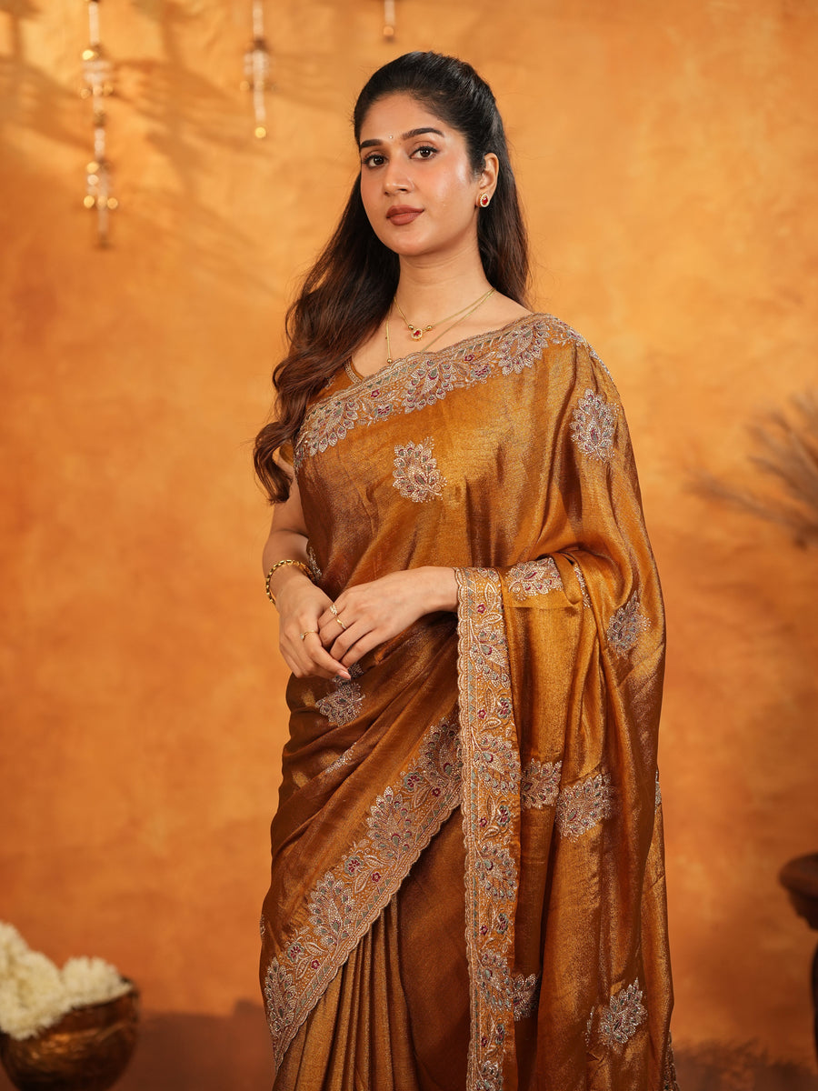 Antique Copper Brown Fendy Satin Embroidered Saree with Floral Border & Tassels | Designer Saree with Heavy Embroidered Blouse