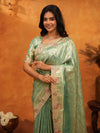 Mint Green Banarasi Silk Saree with Floral Embroidered Border & Zari Weaving | Designer Festive & Wedding Wear Saree
