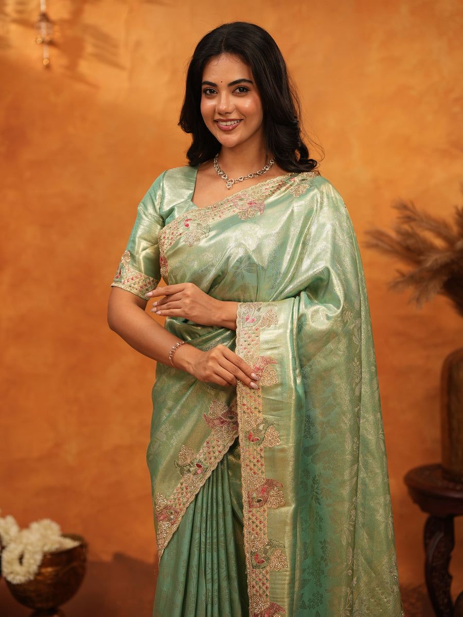 Mint Green Banarasi Silk Saree with Floral Embroidered Border & Zari Weaving | Designer Festive & Wedding Wear Saree