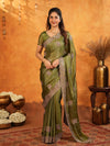 Olive Green Fendy Satin Embroidered Saree with Intricate Floral Border & Tassels | Designer Saree with Heavy Embroidered Blouse