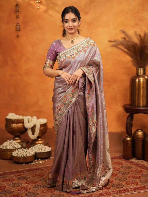 Dusty Mauve Banarasi Silk Embroidered Saree with Multicolor Floral Border & Zari Weaving | Heavy Embroidered Blouse with Tassels | Wedding & Festive Wear Saree