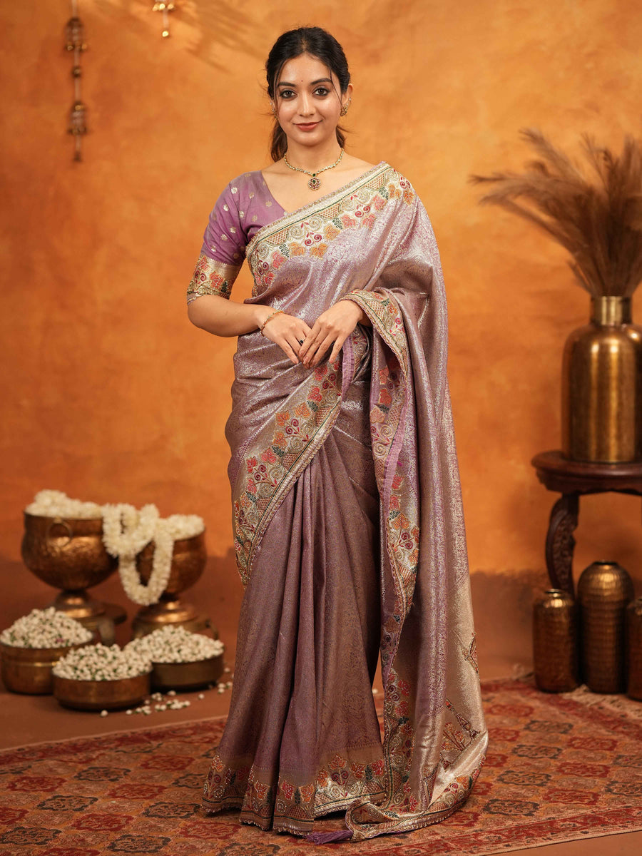 Dusty Mauve Banarasi Silk Embroidered Saree with Multicolor Floral Border & Zari Weaving | Heavy Embroidered Blouse with Tassels | Wedding & Festive Wear Saree