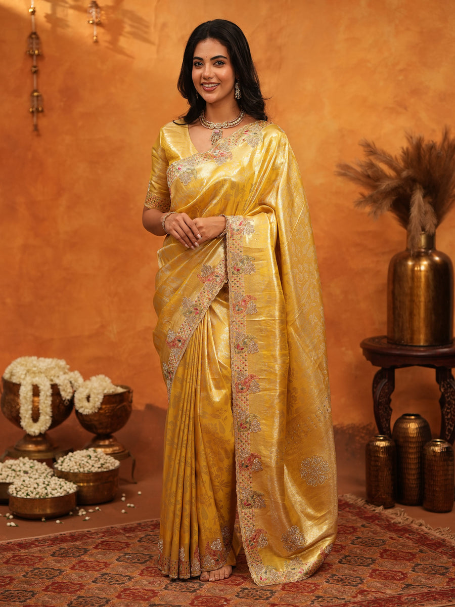 Rich Mustard Gold Banarasi Silk Saree with Floral Embroidered Border & Zari Weaving | Premium Festive Wedding Wear Saree