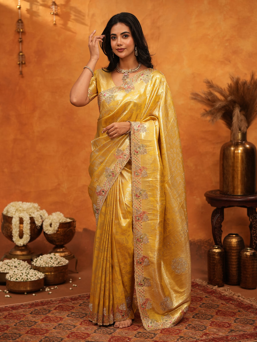 Rich Mustard Gold Banarasi Silk Saree with Floral Embroidered Border & Zari Weaving | Premium Festive Wedding Wear Saree