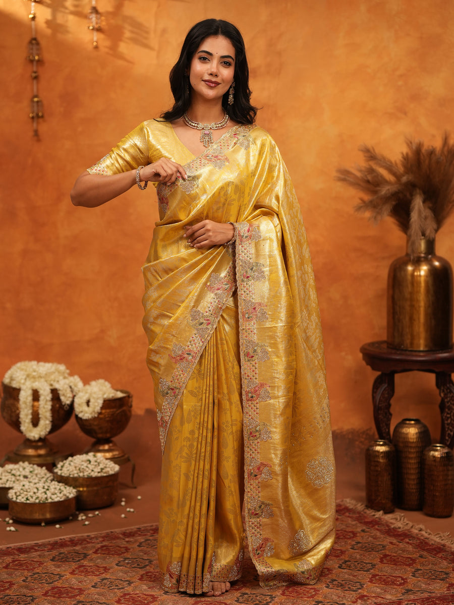 Rich Mustard Gold Banarasi Silk Saree with Floral Embroidered Border & Zari Weaving | Premium Festive Wedding Wear Saree