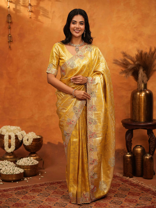 Rich Mustard Gold Banarasi Silk Saree with Floral Embroidered Border & Zari Weaving | Premium Festive Wedding Wear Saree