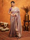 Dusty Mauve Banarasi Silk Embroidered Saree with Multicolor Floral Border & Zari Weaving | Heavy Embroidered Blouse with Tassels | Wedding & Festive Wear Saree