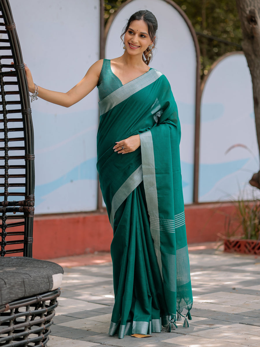 Emerald Green Pure Handloom Cotton Saree with Silver Border & Tassel Detailing