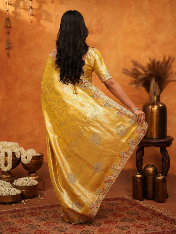 Rich Mustard Gold Banarasi Silk Saree with Floral Embroidered Border & Zari Weaving | Premium Festive Wedding Wear Saree