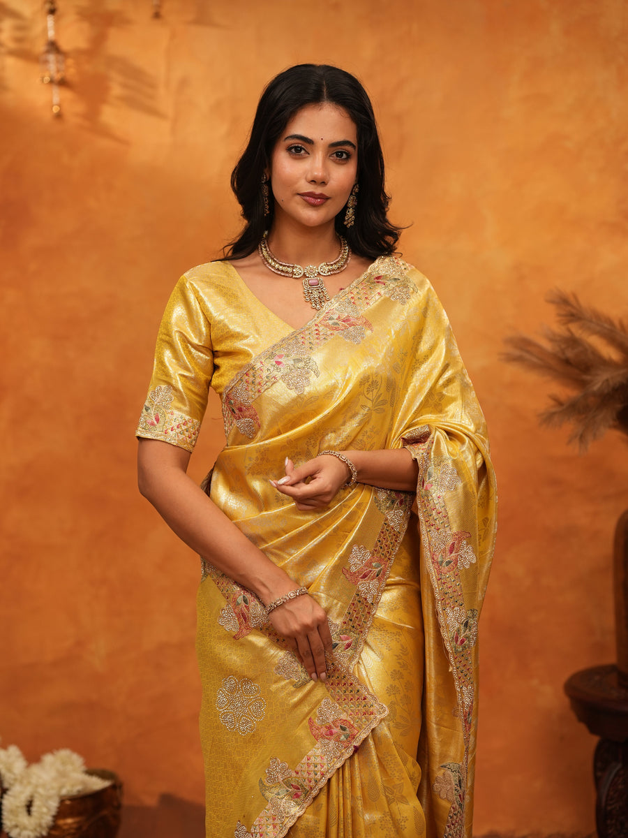 Rich Mustard Gold Banarasi Silk Saree with Floral Embroidered Border & Zari Weaving | Premium Festive Wedding Wear Saree