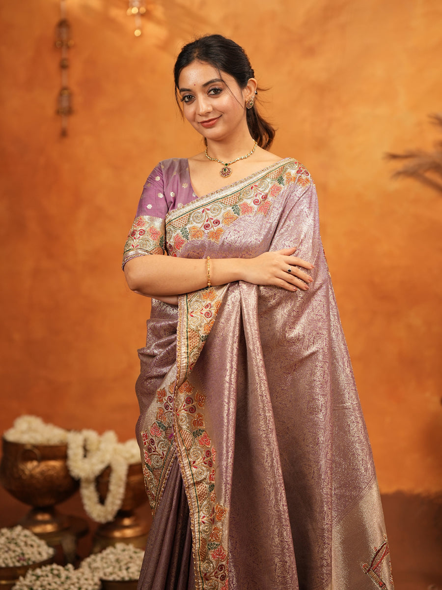 Dusty Mauve Banarasi Silk Embroidered Saree with Multicolor Floral Border & Zari Weaving | Heavy Embroidered Blouse with Tassels | Wedding & Festive Wear Saree