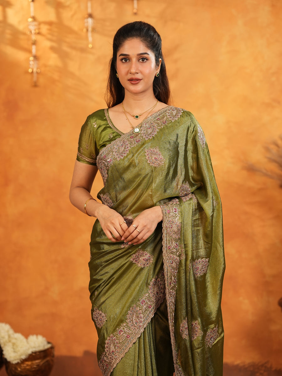 Olive Green Fendy Satin Embroidered Saree with Intricate Floral Border & Tassels | Designer Saree with Heavy Embroidered Blouse