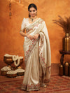 Ivory Cream Banarasi Silk Embroidered Saree with Multicolor Floral Border & Zari Weaving | Heavy Embroidered Blouse with Tassels | Wedding & Festive Wear Saree
