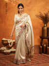 Ivory Cream Banarasi Silk Embroidered Saree with Multicolor Floral Border & Zari Weaving | Heavy Embroidered Blouse with Tassels | Wedding & Festive Wear Saree
