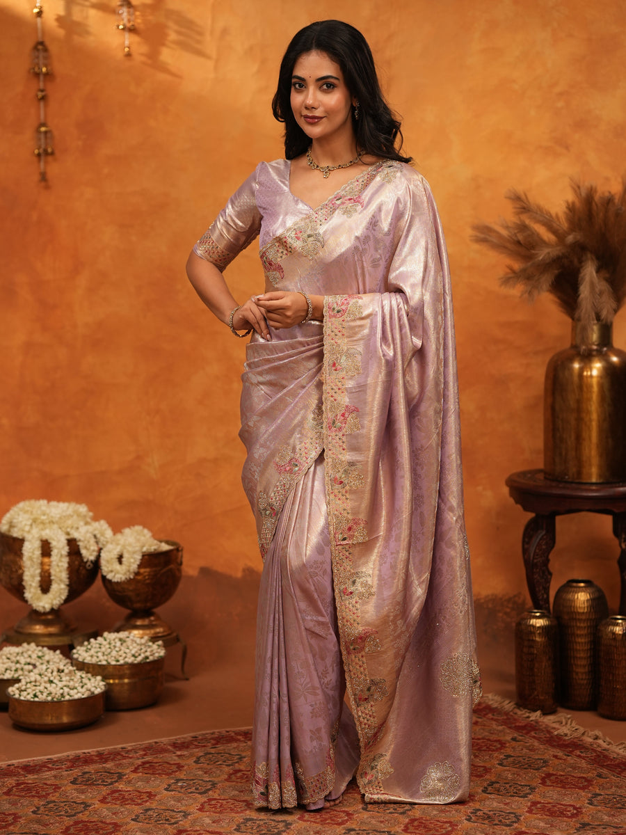 Lavender Pink Banarasi Silk Saree with Delicate Floral Embroidered Border & Zari Weaving | Premium Pastel Wedding & Festive Wear Saree