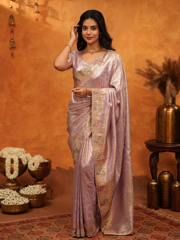 Lavender Pink Banarasi Silk Saree with Delicate Floral Embroidered Border & Zari Weaving | Premium Pastel Wedding & Festive Wear Saree