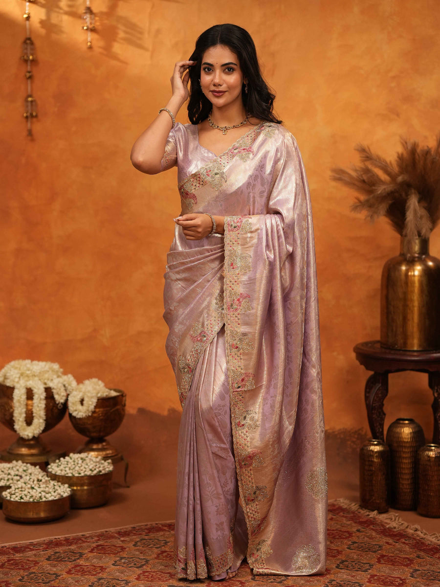 Lavender Pink Banarasi Silk Saree with Delicate Floral Embroidered Border & Zari Weaving | Premium Pastel Wedding & Festive Wear Saree