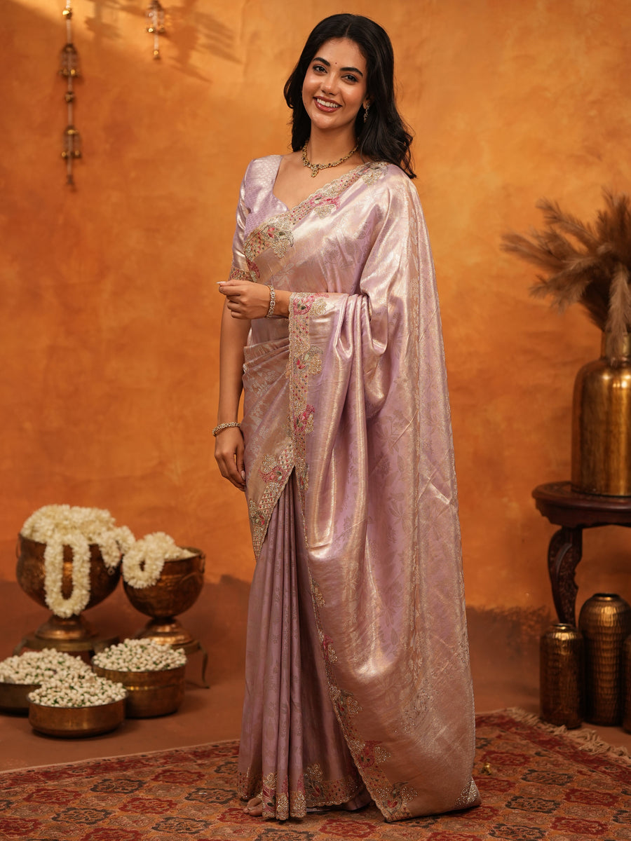 Lavender Pink Banarasi Silk Saree with Delicate Floral Embroidered Border & Zari Weaving | Premium Pastel Wedding & Festive Wear Saree