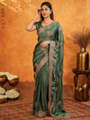 Bottle Green Fendy Satin Embroidered Saree with Intricate Floral Border & Tassels | Designer Saree with Heavy Embroidered Blouse