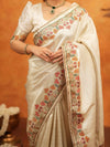 Ivory Cream Banarasi Silk Embroidered Saree with Multicolor Floral Border & Zari Weaving | Heavy Embroidered Blouse with Tassels | Wedding & Festive Wear Saree