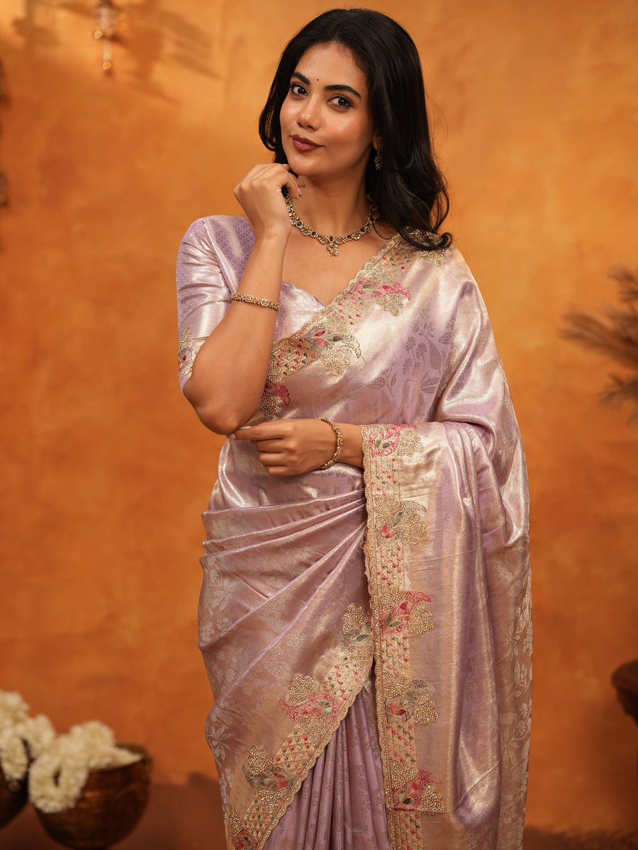 Lavender Pink Banarasi Silk Saree with Delicate Floral Embroidered Border & Zari Weaving | Premium Pastel Wedding & Festive Wear Saree
