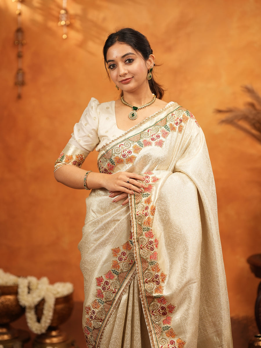 Ivory Cream Banarasi Silk Embroidered Saree with Multicolor Floral Border & Zari Weaving | Heavy Embroidered Blouse with Tassels | Wedding & Festive Wear Saree