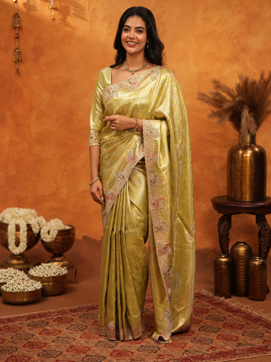 Olive Gold Banarasi Silk Saree with Floral Embroidered Border & Zari Weaving | Premium Festive Wedding Wear Saree