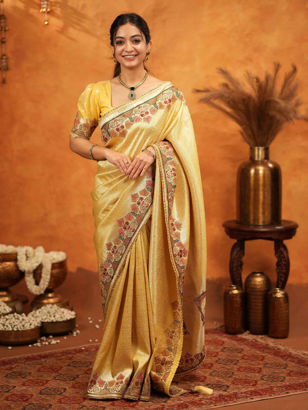 Sunshine Yellow Banarasi Silk Embroidered Saree with Multicolor Floral Border & Zari Weaving | Heavy Embroidered Blouse with Tassels | Wedding & Festive Wear Saree