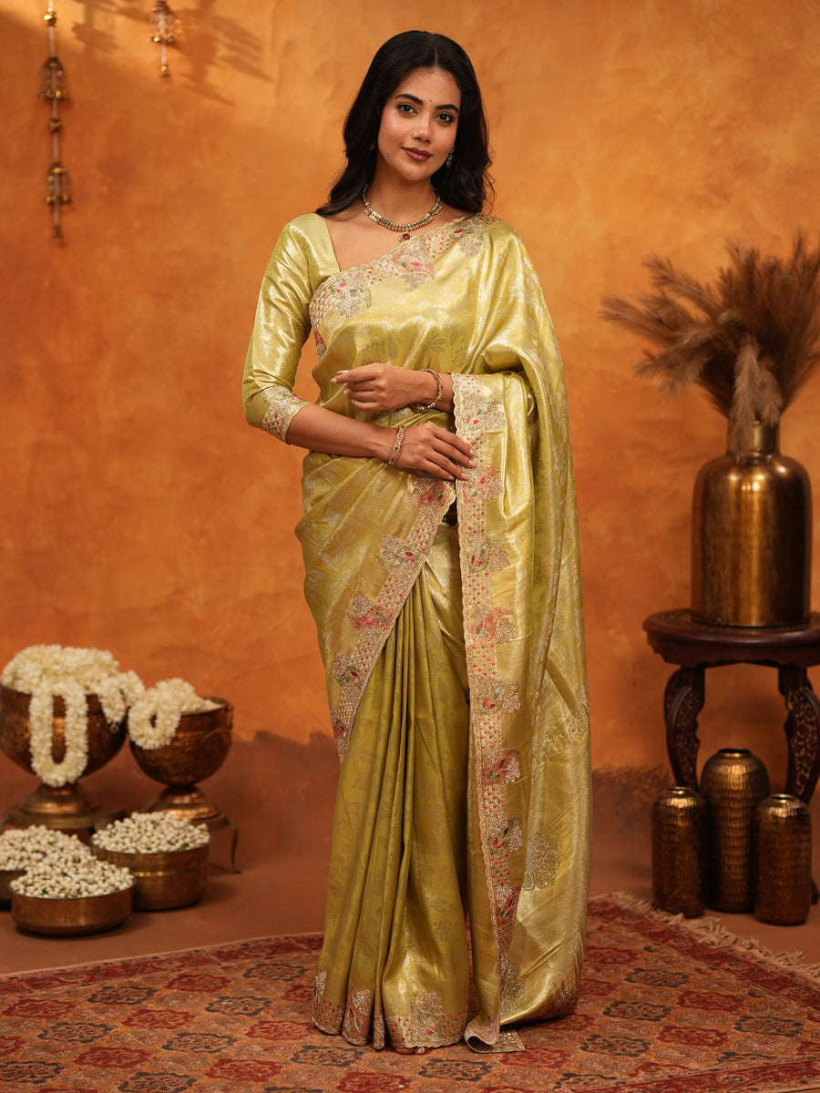 Olive Gold Banarasi Silk Saree with Floral Embroidered Border & Zari Weaving | Premium Festive Wedding Wear Saree