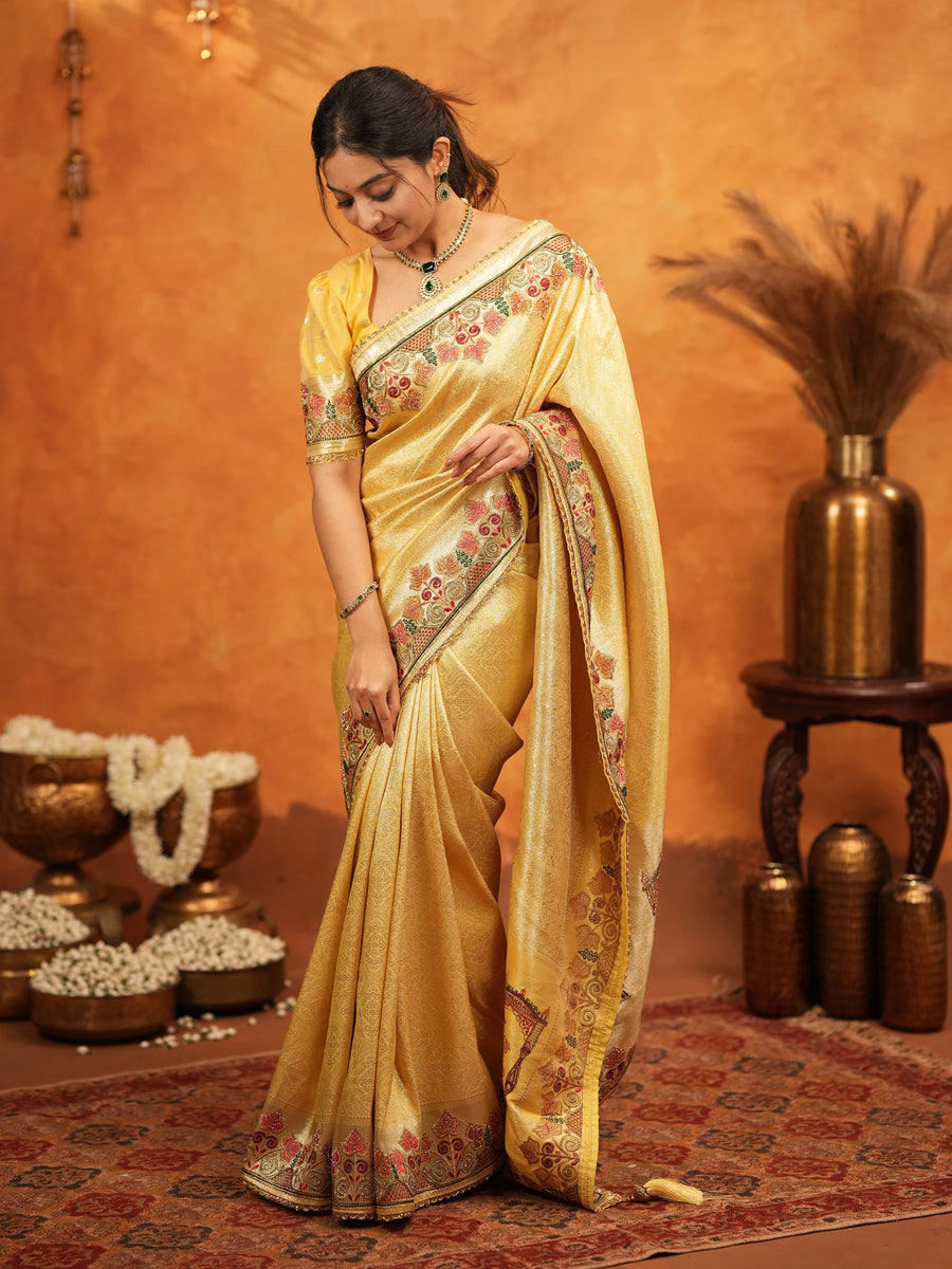 Sunshine Yellow Banarasi Silk Embroidered Saree with Multicolor Floral Border & Zari Weaving | Heavy Embroidered Blouse with Tassels | Wedding & Festive Wear Saree