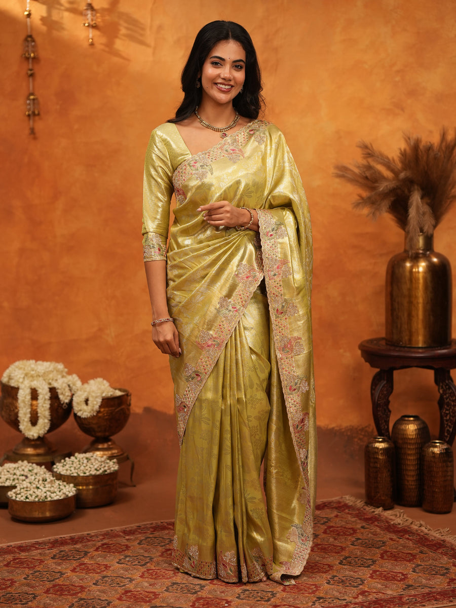 Olive Gold Banarasi Silk Saree with Floral Embroidered Border & Zari Weaving | Premium Festive Wedding Wear Saree