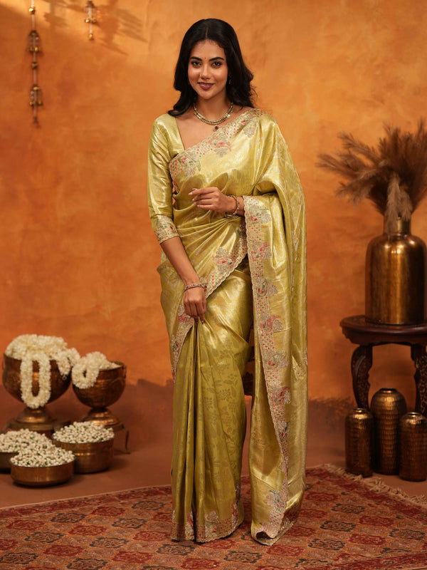 Olive Gold Banarasi Silk Saree with Floral Embroidered Border & Zari Weaving | Premium Festive Wedding Wear Saree
