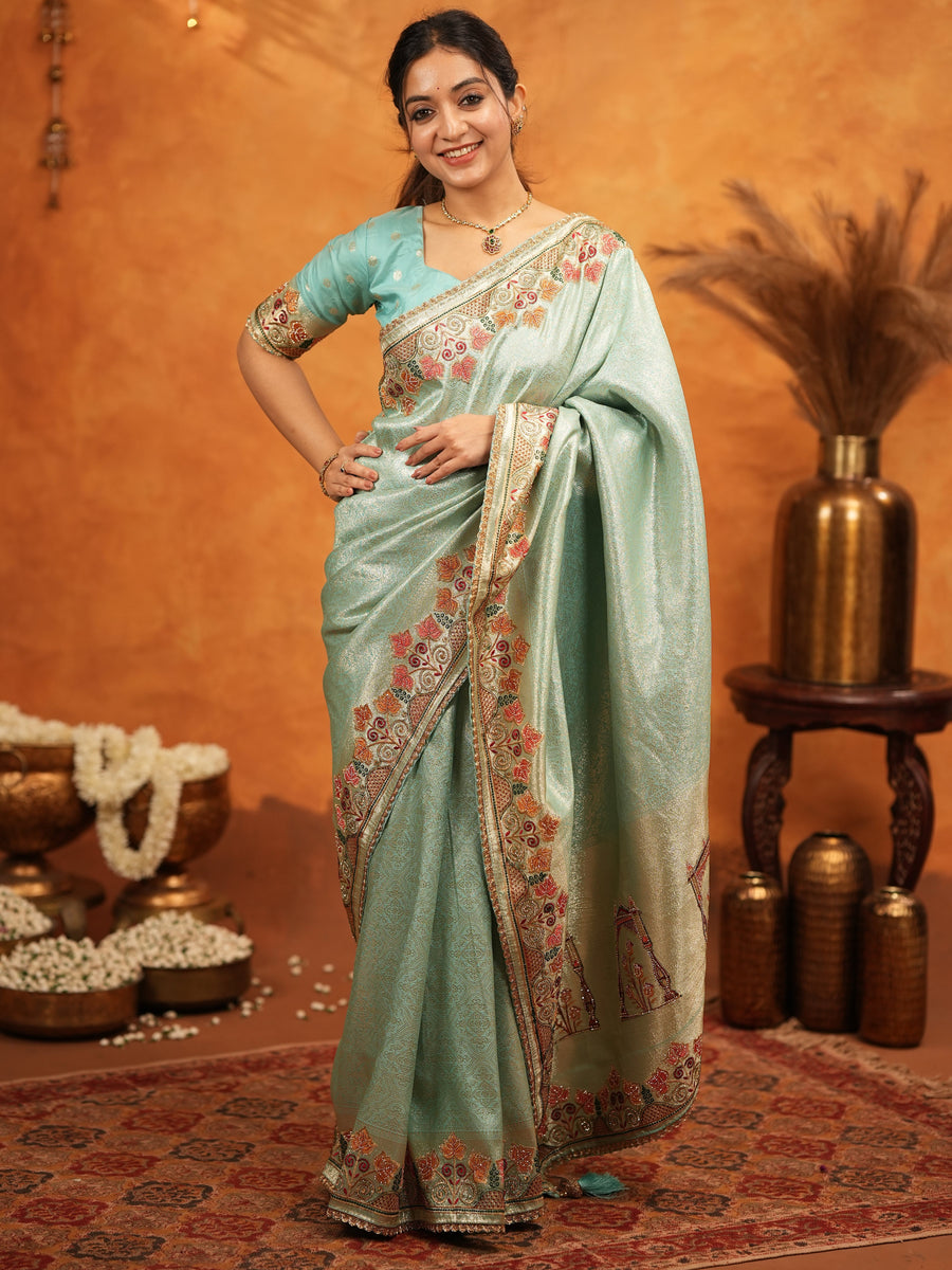 Mint Green Banarasi Silk Embroidered Saree with Multicolor Floral Border & Zari Weaving | Heavy Embroidered Blouse with Tassels | Wedding & Festive Wear Saree