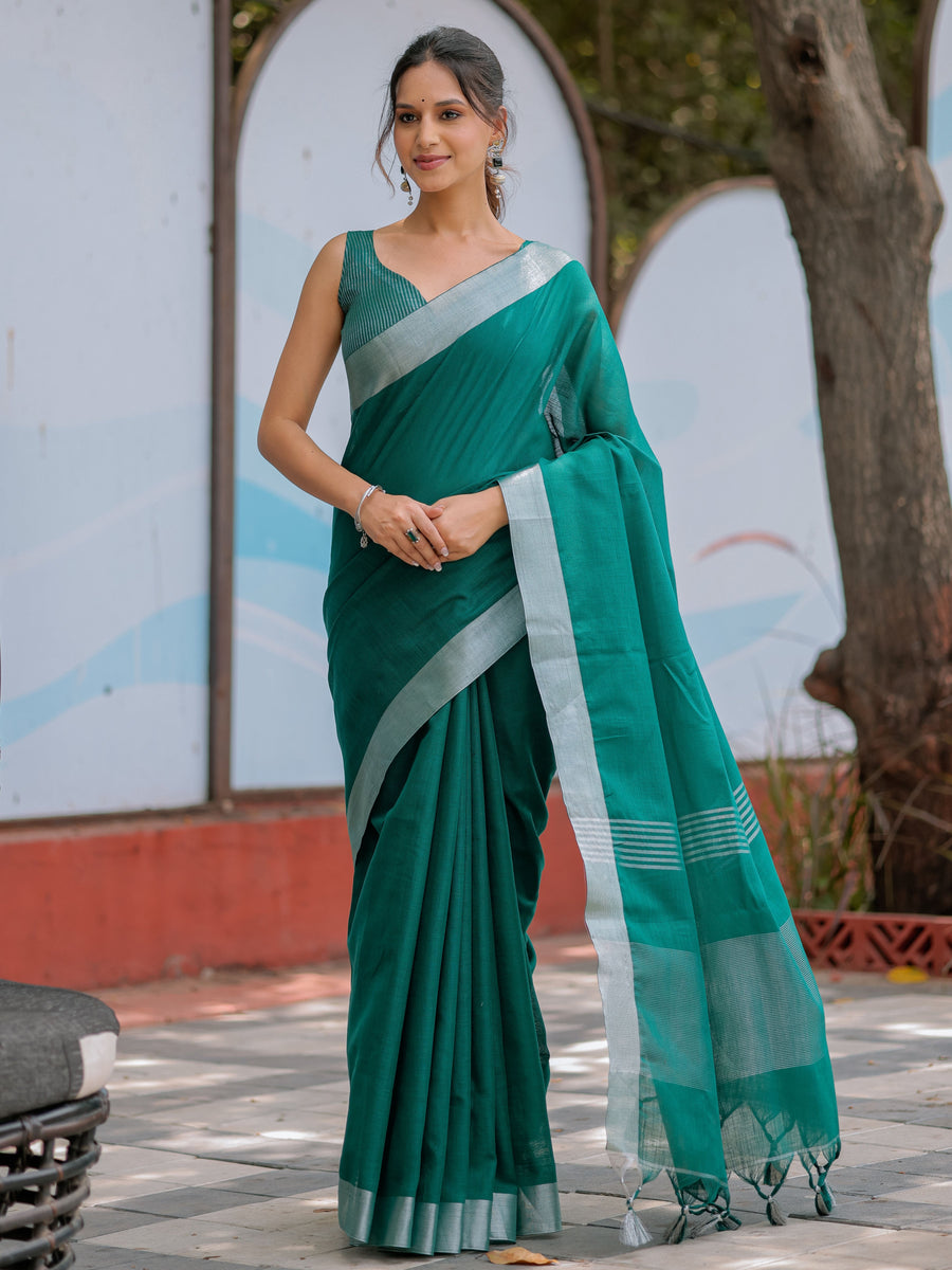 Emerald Green Pure Handloom Cotton Saree with Silver Border & Tassel Detailing