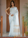 Pure White & Mustard Gold Handloom Cotton Saree with Minimal Striped Border & Tassel Detailing