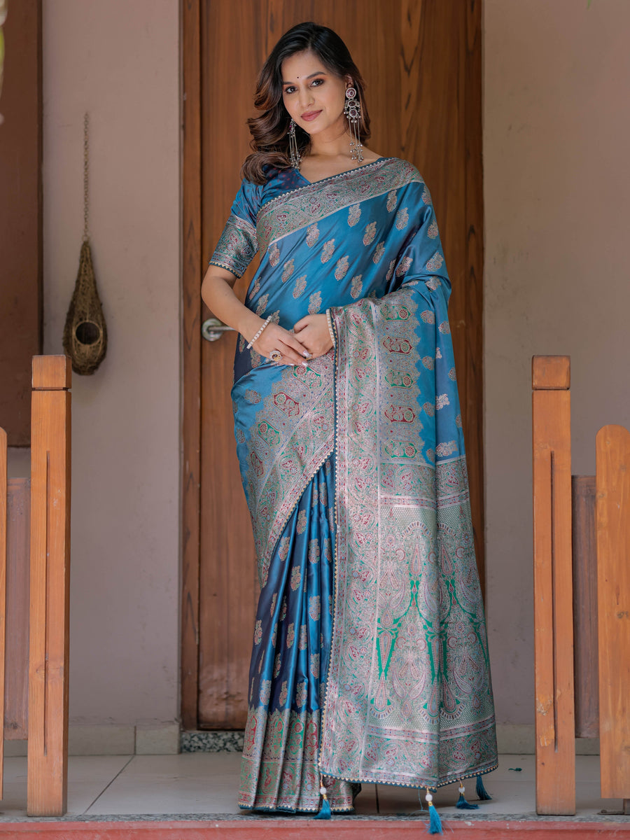 Royal Teal Blue Banarasi Silk Saree with Intricate Paisley Zari Weaving & Tassel Detailing