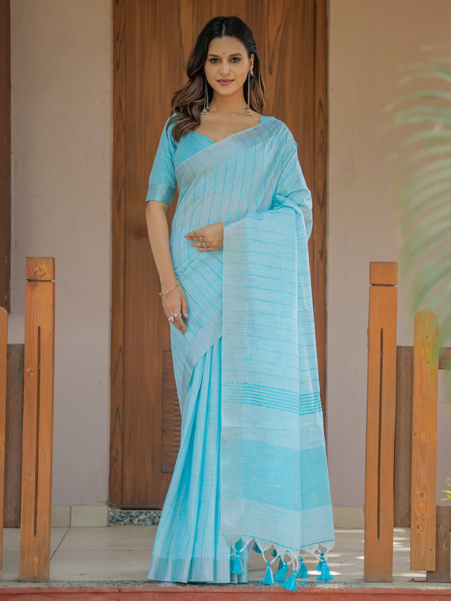 Aqua Blue Pure Handloom Cotton Saree with Striped Weaving & Tassel Detailing